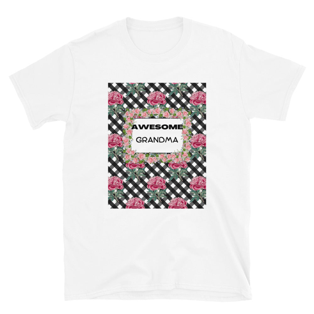 Awesome Grandma Short-Sleeve Unisex T-Shirt with Pink Rose Check Print