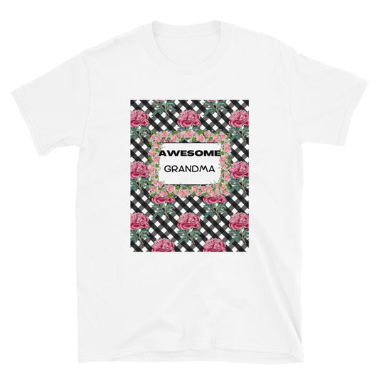 Awesome Grandma Short-Sleeve Unisex T-Shirt with Pink Rose Check Print